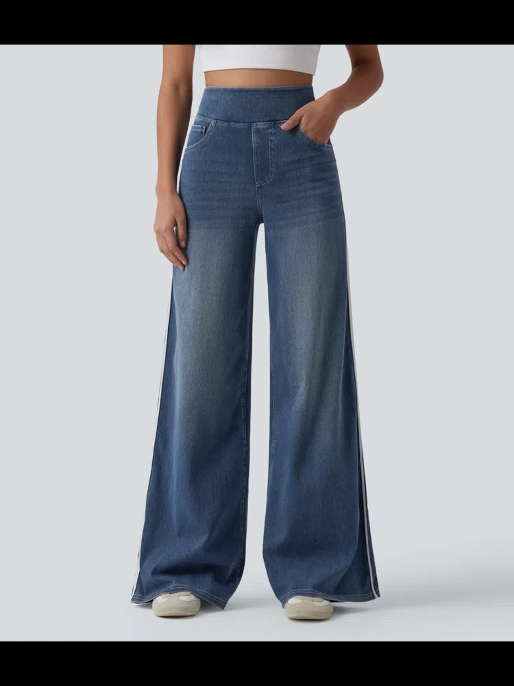 (NWOT) Halara Flex™ High Waisted Stripe Wide Leg Flowy Washed Jeans w Pockets - Picture 3 of 4
